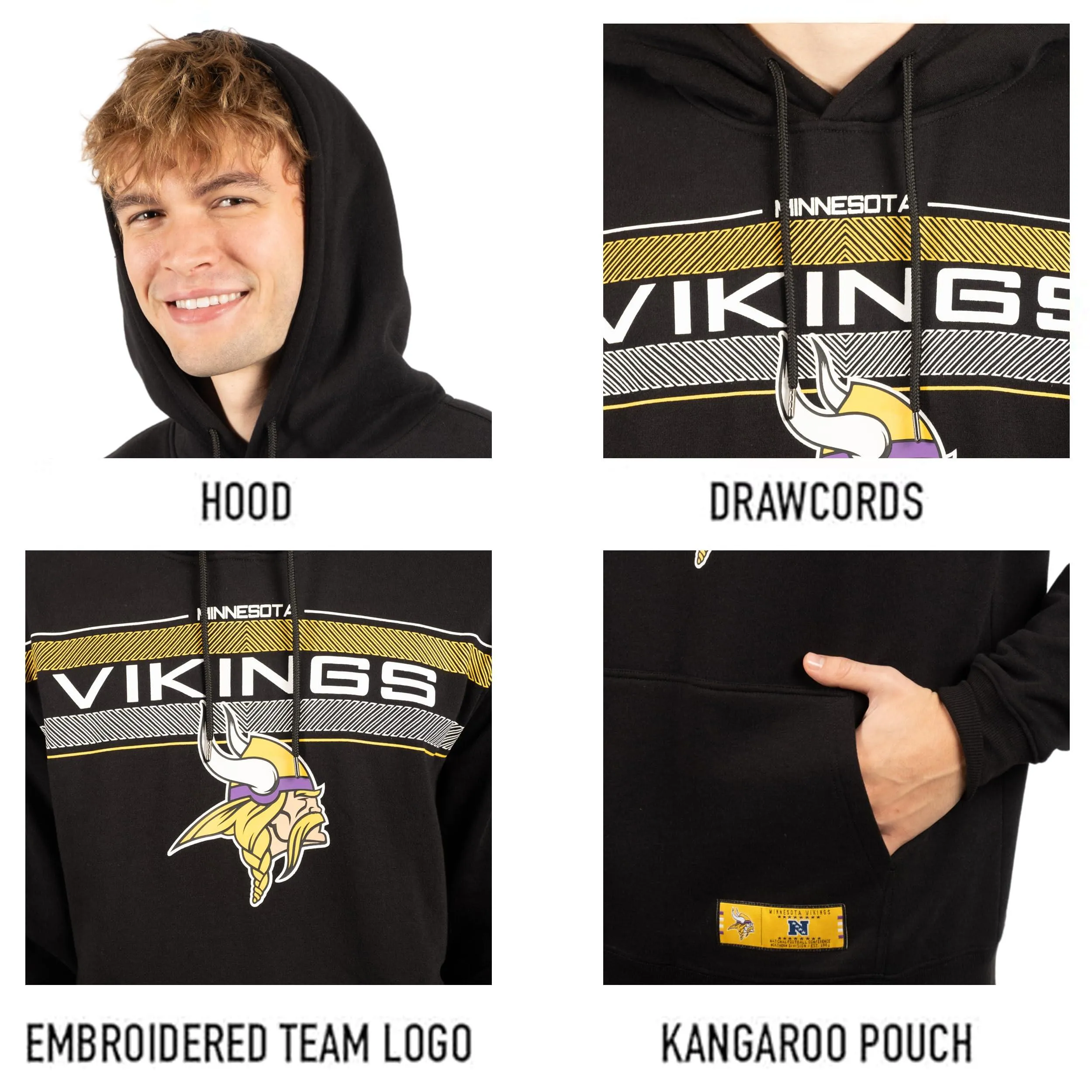 Ultra Game NFL Official Adults Super Soft Pullover Hoodie Sweatshirt - Warm Polyester Blend - Unisex, Minnesota Vikings, Black|Minnesota Vikings
