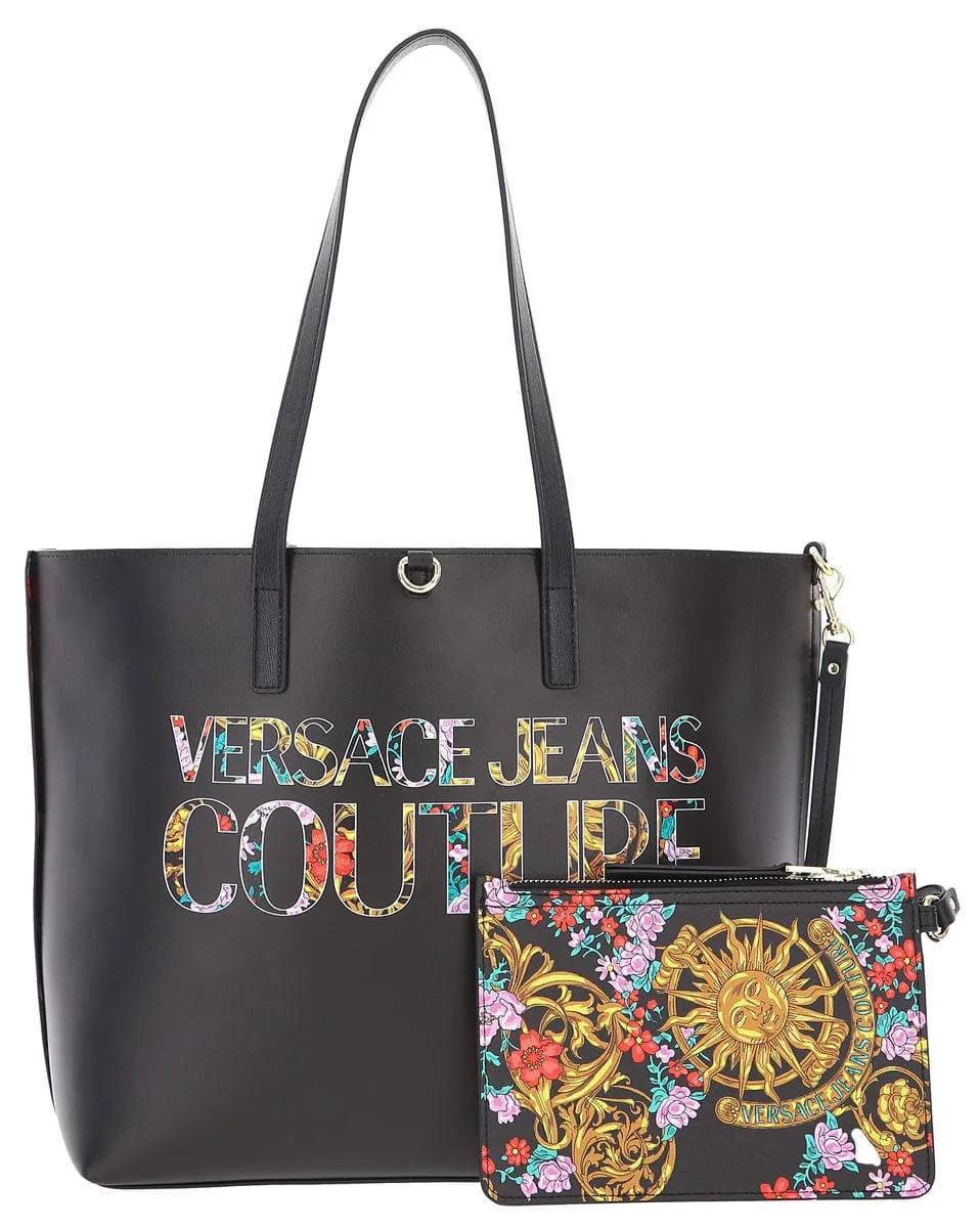 Versace Jeans Couture Black Animal Print Reversible Signature Shopper Tote Bag