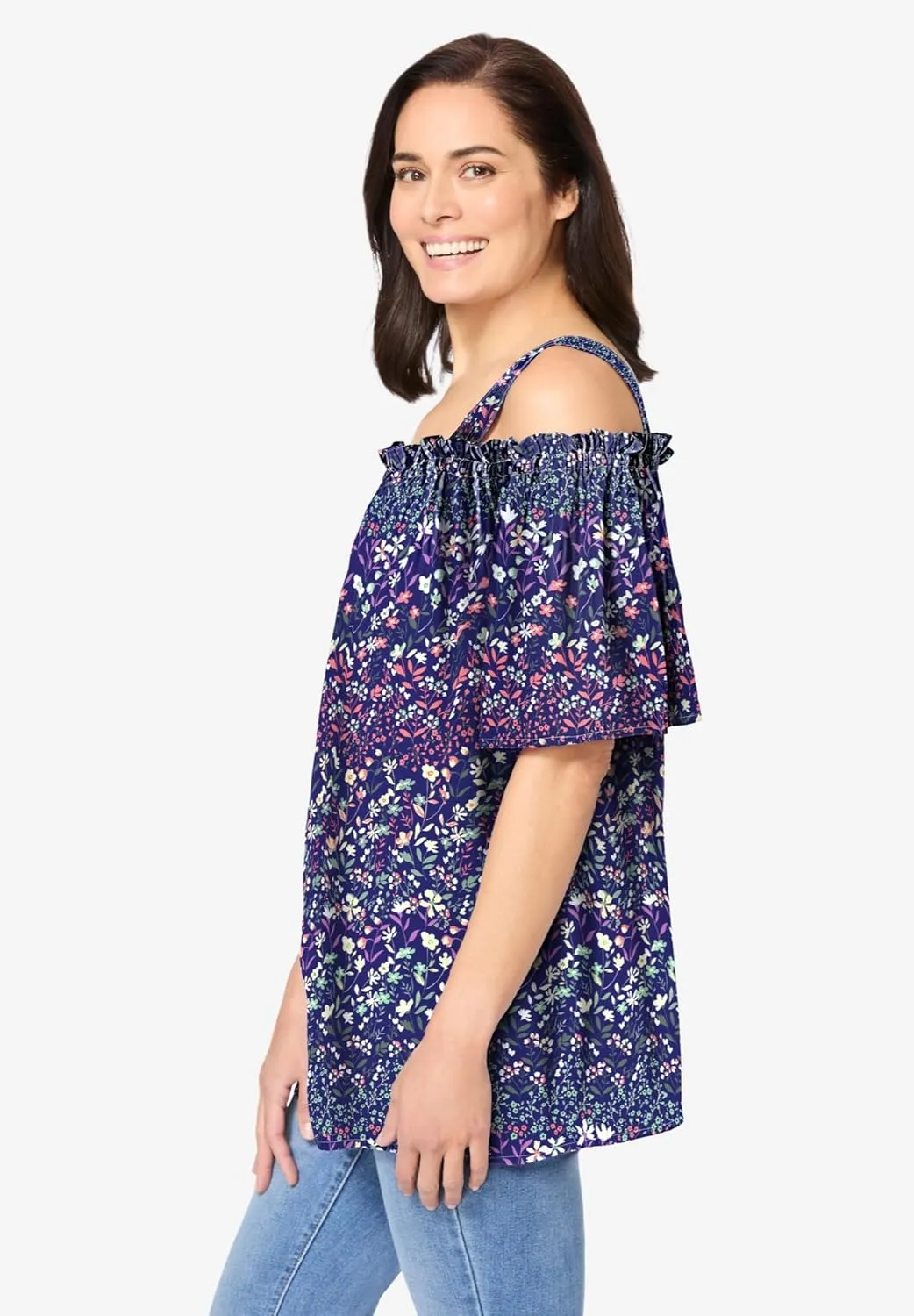 Woman Within Women's Plus Size Printed Cold-Shoulder Blouse