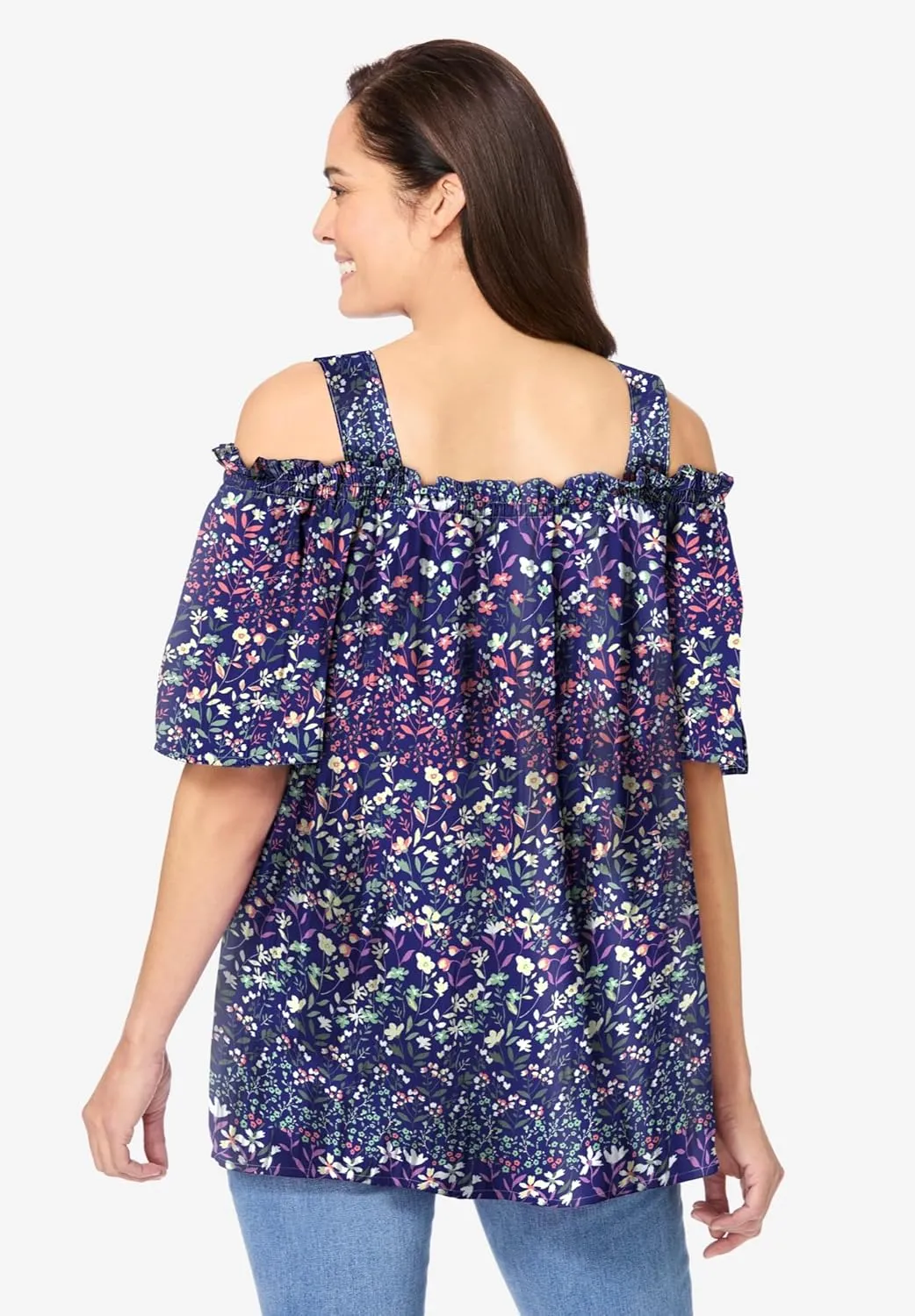 Woman Within Women's Plus Size Printed Cold-Shoulder Blouse