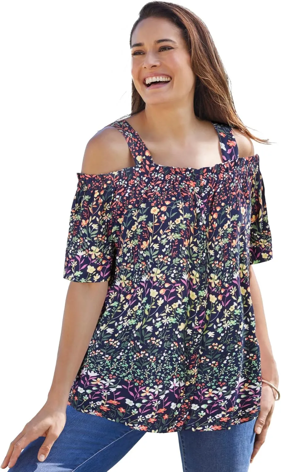 Woman Within Women's Plus Size Printed Cold-Shoulder Blouse