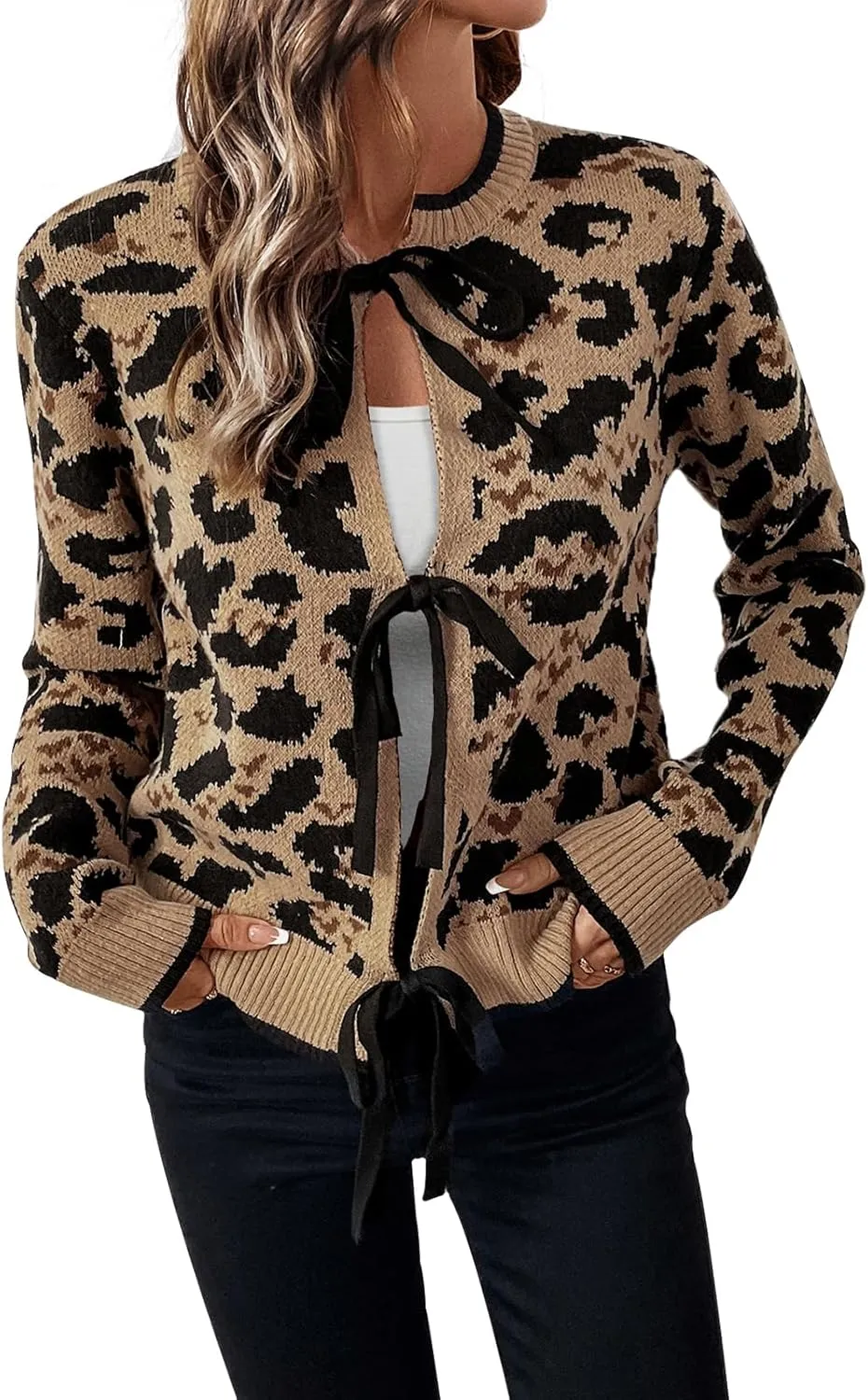 Women Leopard Print Bow Tie Cardigan Sweaters Long Sleeve Crewneck Open Front Knit Chunky Coats Casual Loose Outwear