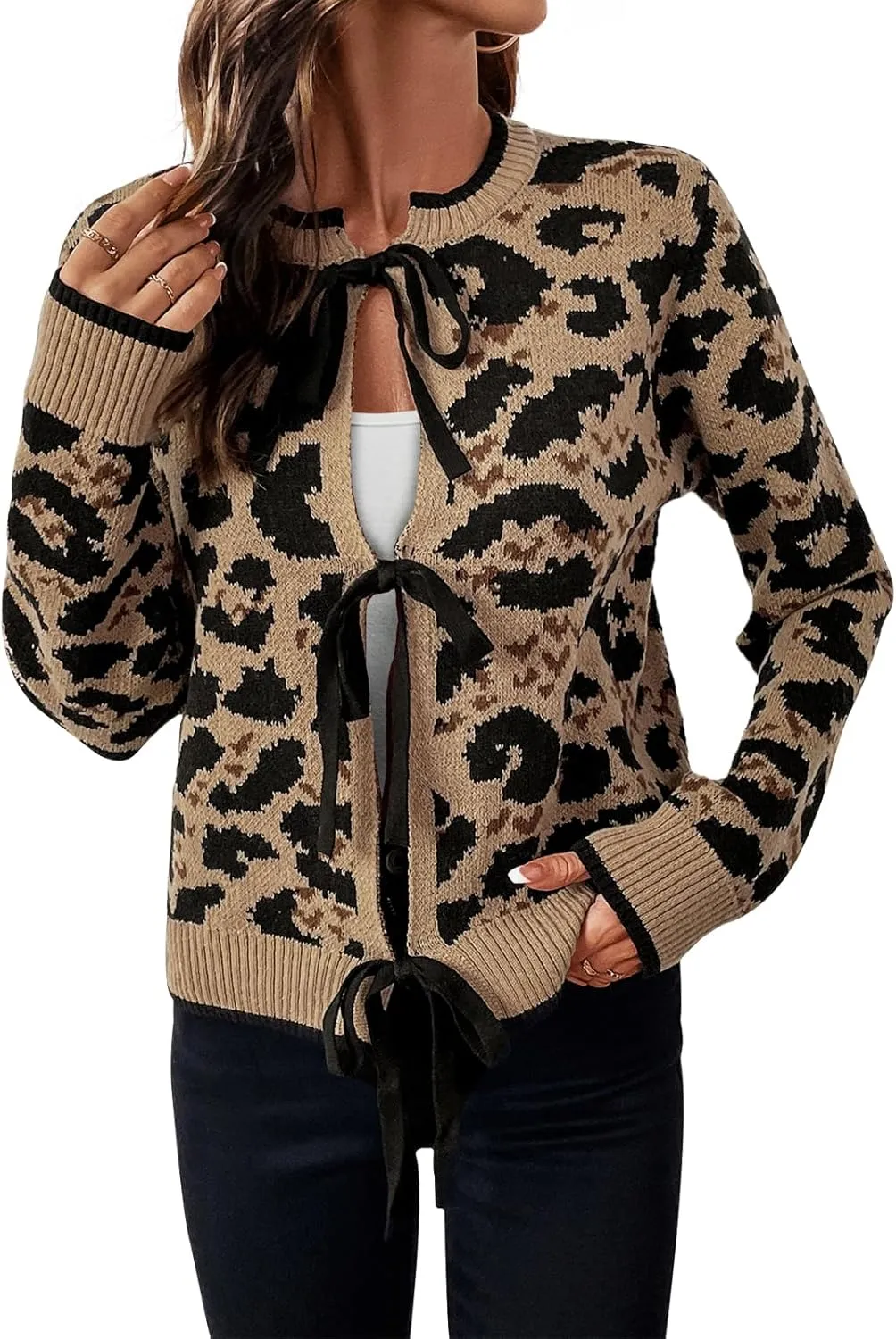 Women Leopard Print Bow Tie Cardigan Sweaters Long Sleeve Crewneck Open Front Knit Chunky Coats Casual Loose Outwear