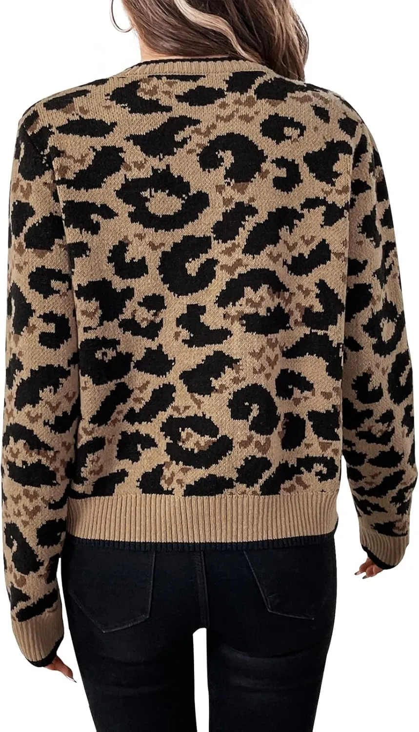 Women Leopard Print Bow Tie Cardigan Sweaters Long Sleeve Crewneck Open Front Knit Chunky Coats Casual Loose Outwear