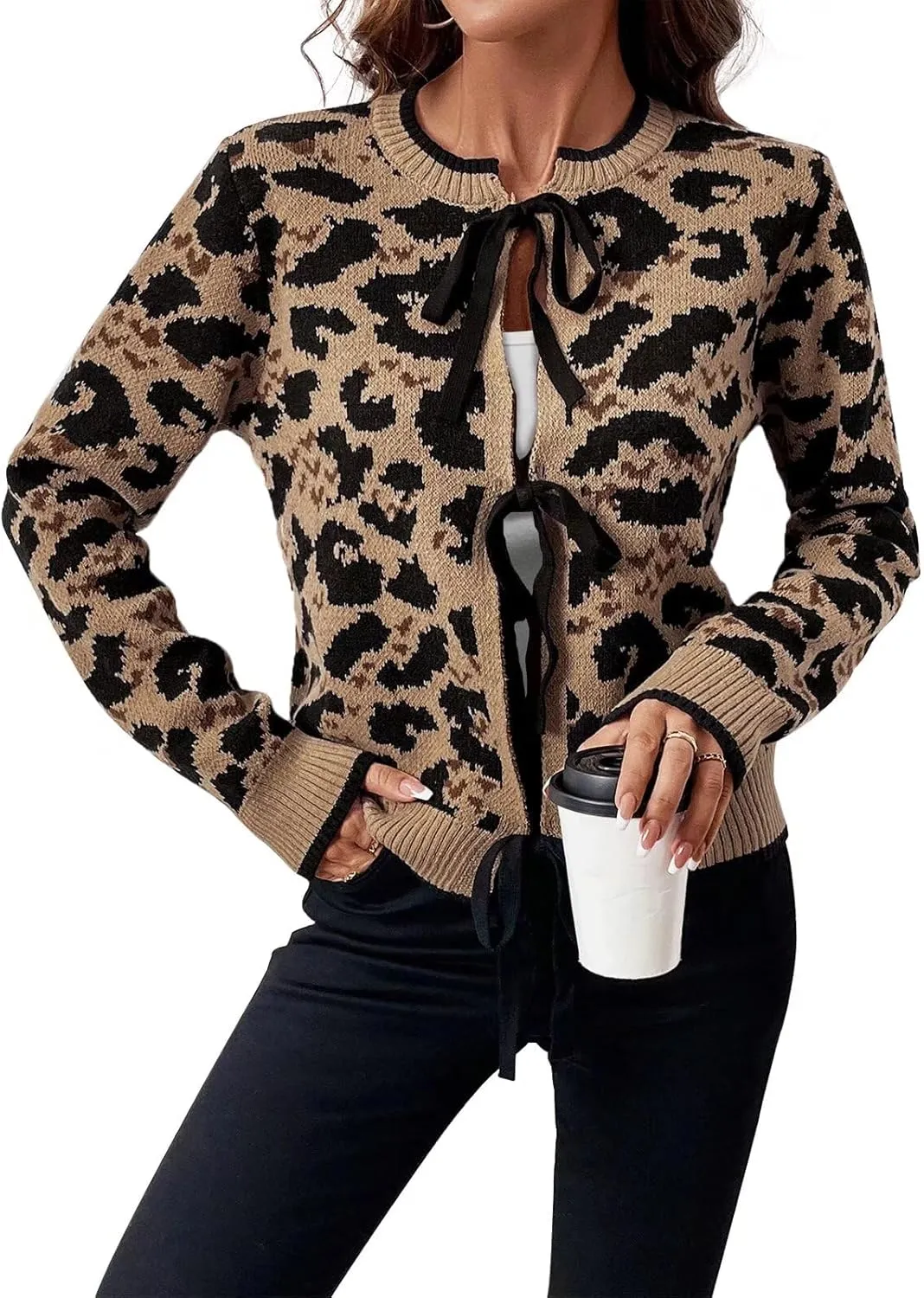 Women Leopard Print Bow Tie Cardigan Sweaters Long Sleeve Crewneck Open Front Knit Chunky Coats Casual Loose Outwear