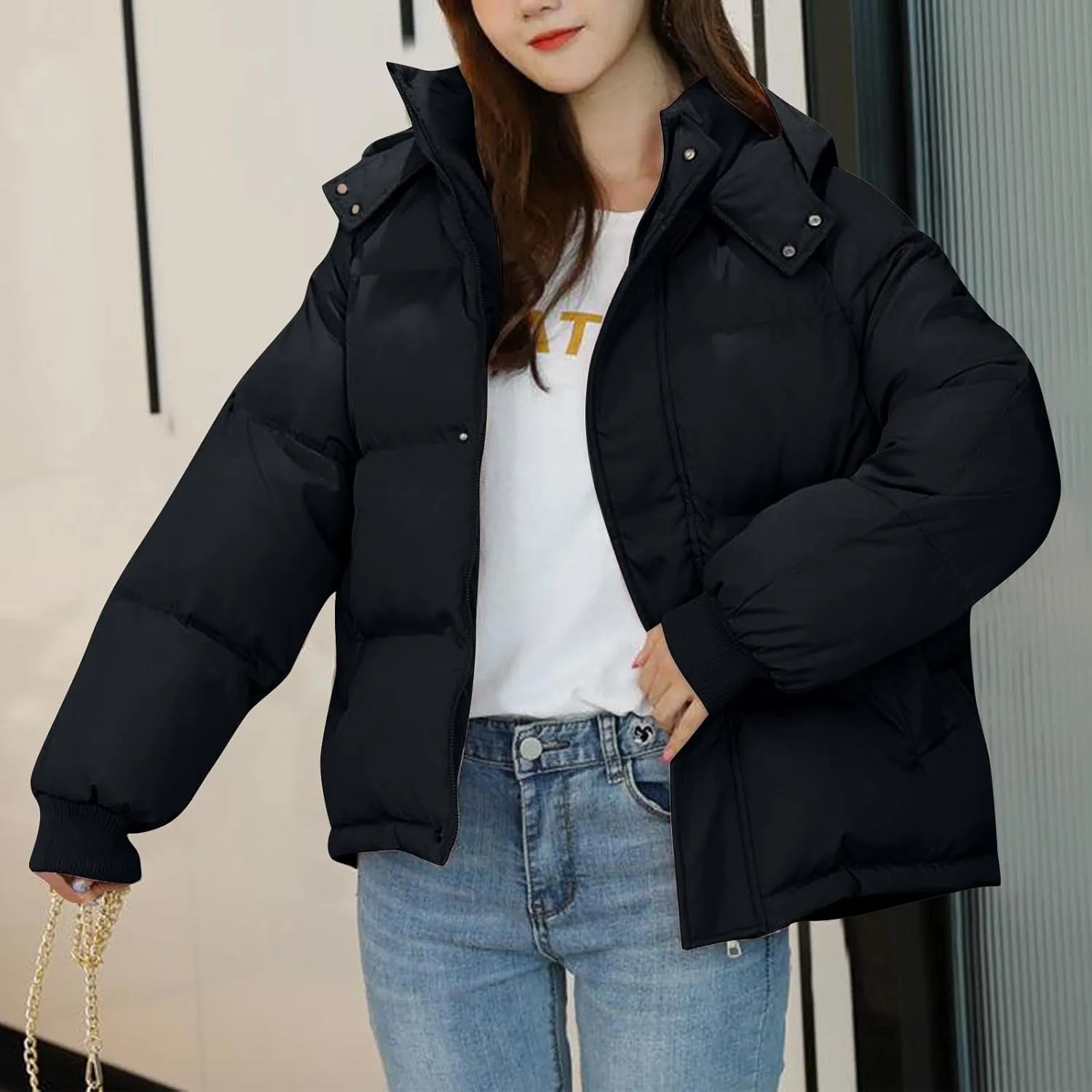 Women Winter Down Puffer Coat Warm Hooded Down Jacket for Women with Pockets Fashion Versatile Coat Thick Jackets