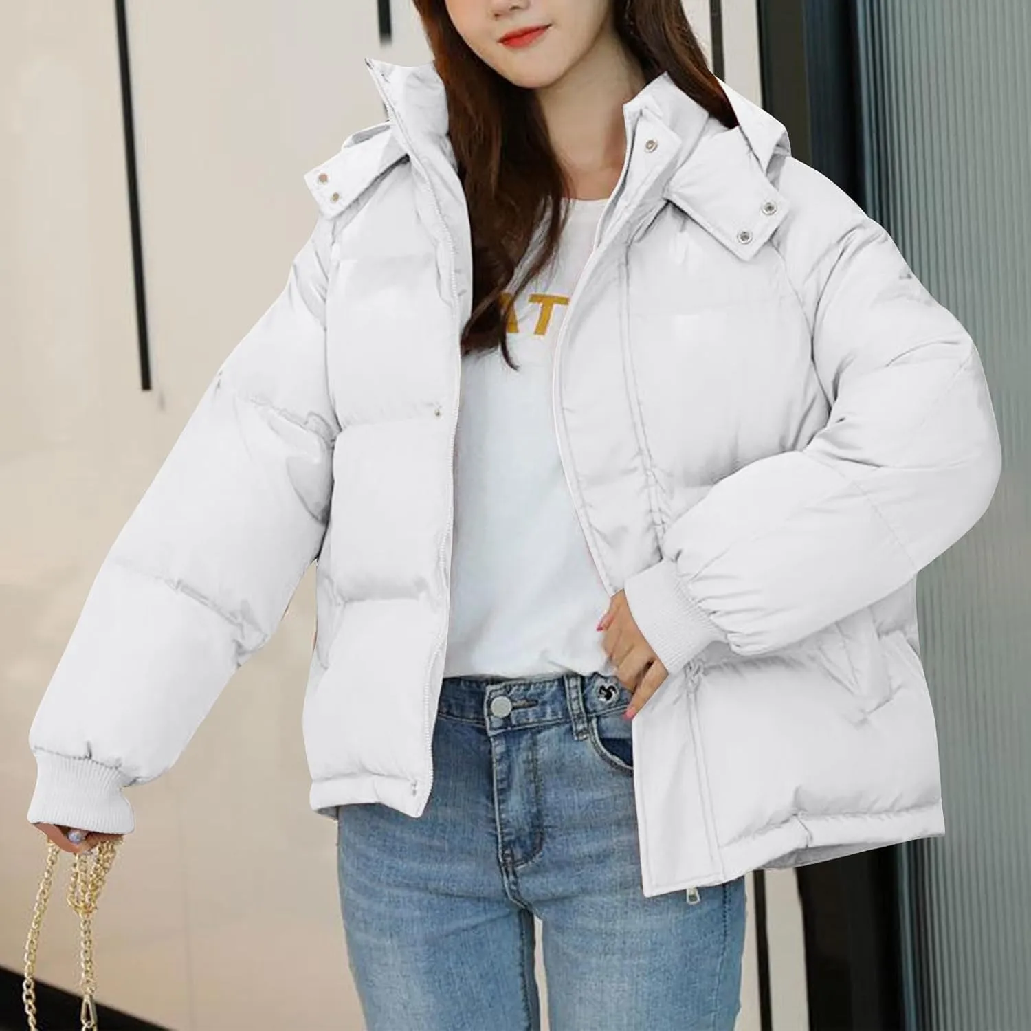 Women Winter Down Puffer Coat Warm Hooded Down Jacket for Women with Pockets Fashion Versatile Coat Thick Jackets