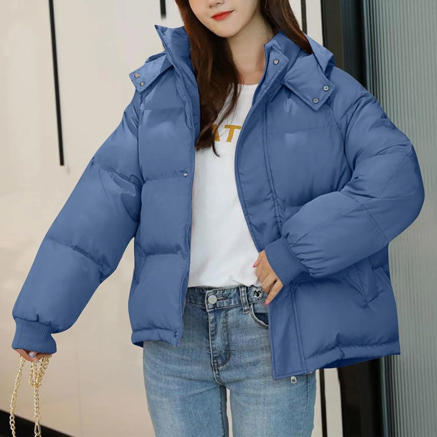 Women Winter Down Puffer Coat Warm Hooded Down Jacket for Women with Pockets Fashion Versatile Coat Thick Jackets