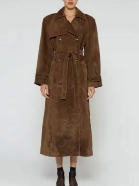 Women's Brown Belted Waist Elegant Double-Breasted Long Coat