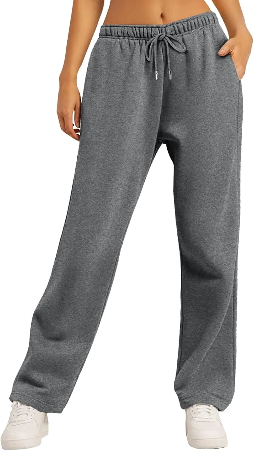 Womens Casual Pants Fashion Solid Versatile Straight Leg Sweatpants High Waisted Elastic Drawstring Workout Trousers