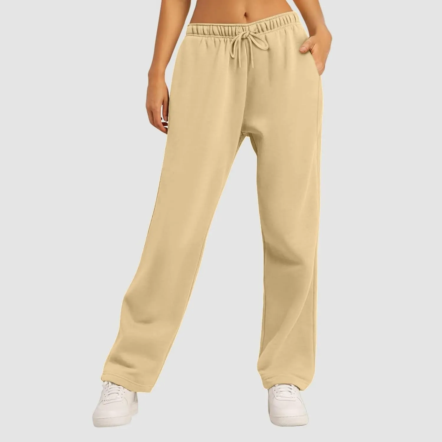 Womens Casual Pants Fashion Solid Versatile Straight Leg Sweatpants High Waisted Elastic Drawstring Workout Trousers