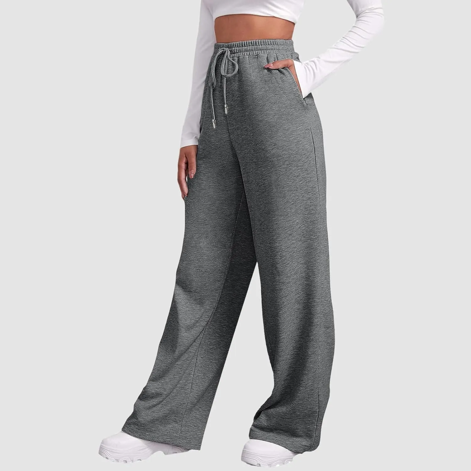 Womens Casual Pants Fashion Solid Versatile Straight Leg Sweatpants High Waisted Elastic Drawstring Workout Trousers