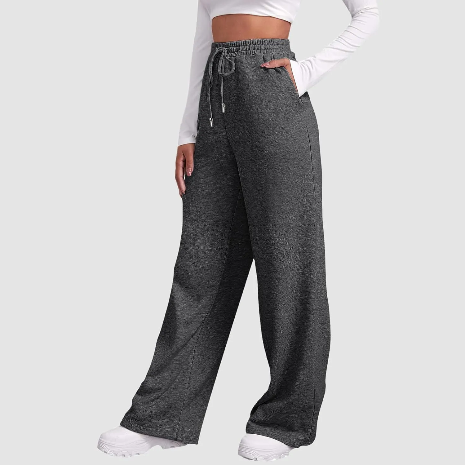 Womens Casual Pants Fashion Solid Versatile Straight Leg Sweatpants High Waisted Elastic Drawstring Workout Trousers