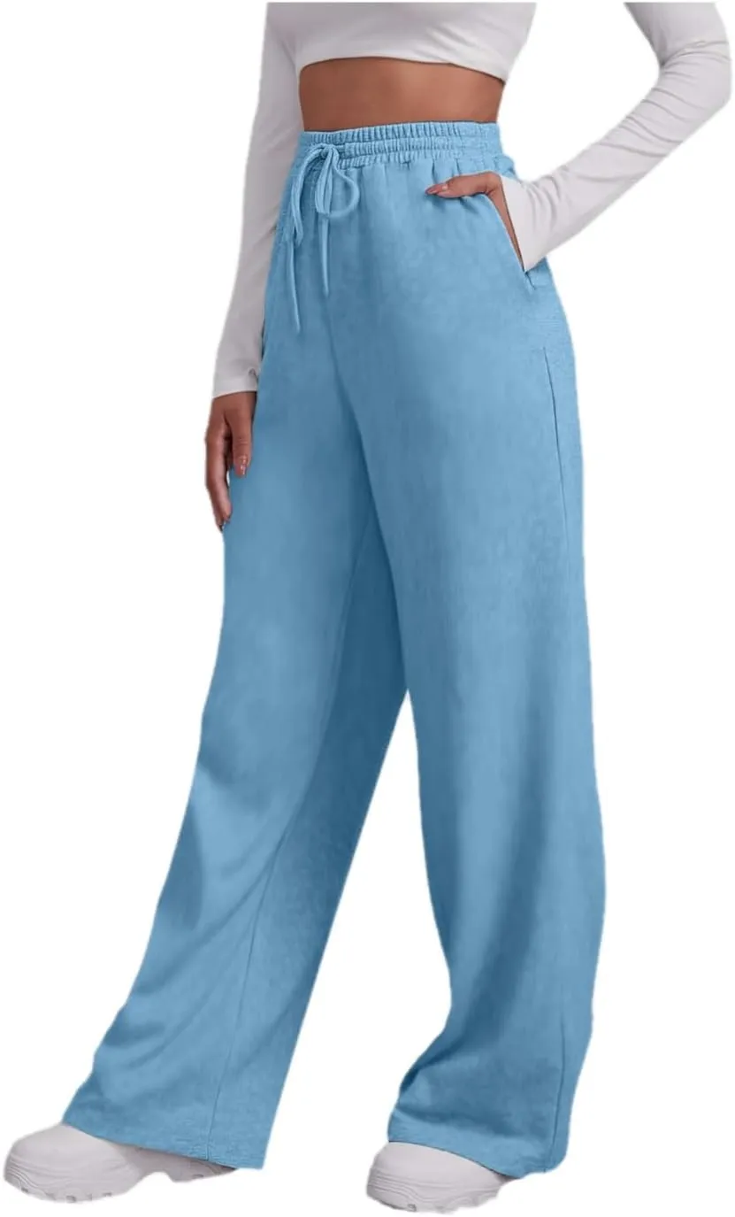Womens Casual Pants Fashion Solid Versatile Straight Leg Sweatpants High Waisted Elastic Drawstring Workout Trousers