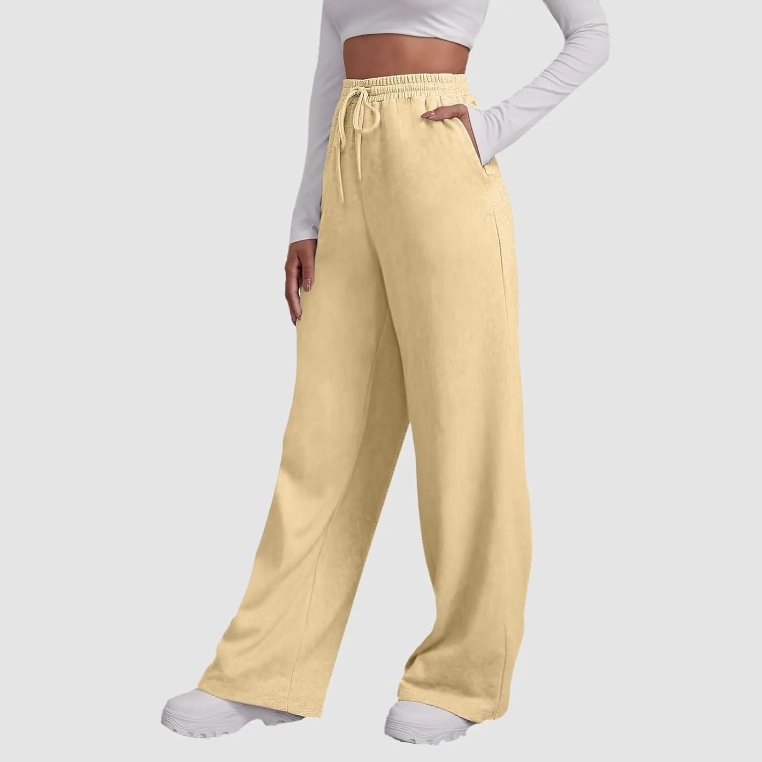Womens Casual Pants Fashion Solid Versatile Straight Leg Sweatpants High Waisted Elastic Drawstring Workout Trousers