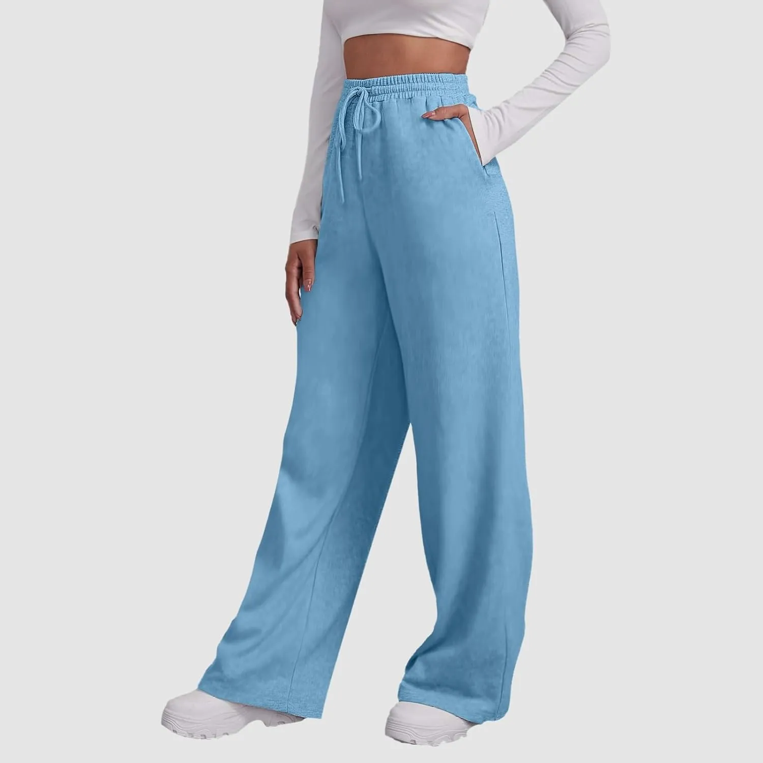 Womens Casual Pants Fashion Solid Versatile Straight Leg Sweatpants High Waisted Elastic Drawstring Workout Trousers