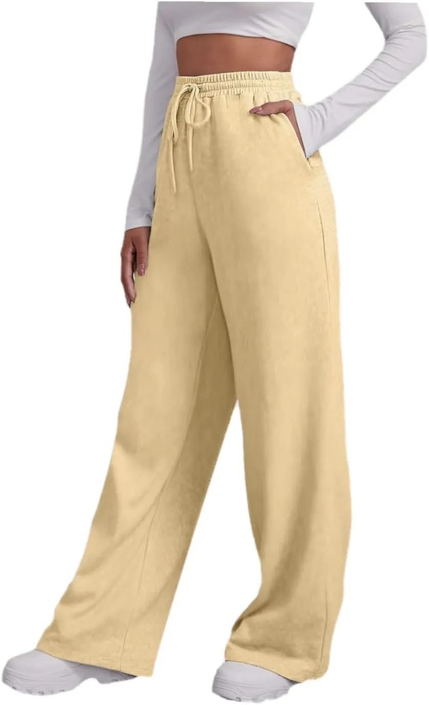 Womens Casual Pants Fashion Solid Versatile Straight Leg Sweatpants High Waisted Elastic Drawstring Workout Trousers