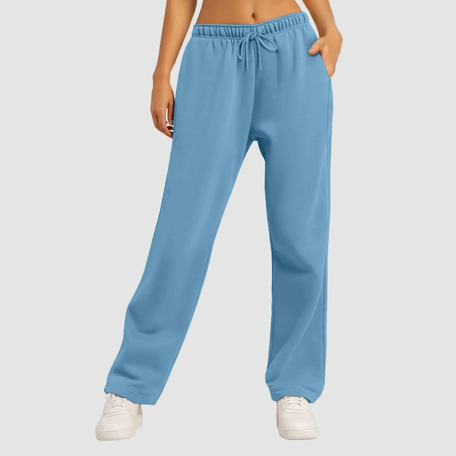 Womens Casual Pants Fashion Solid Versatile Straight Leg Sweatpants High Waisted Elastic Drawstring Workout Trousers