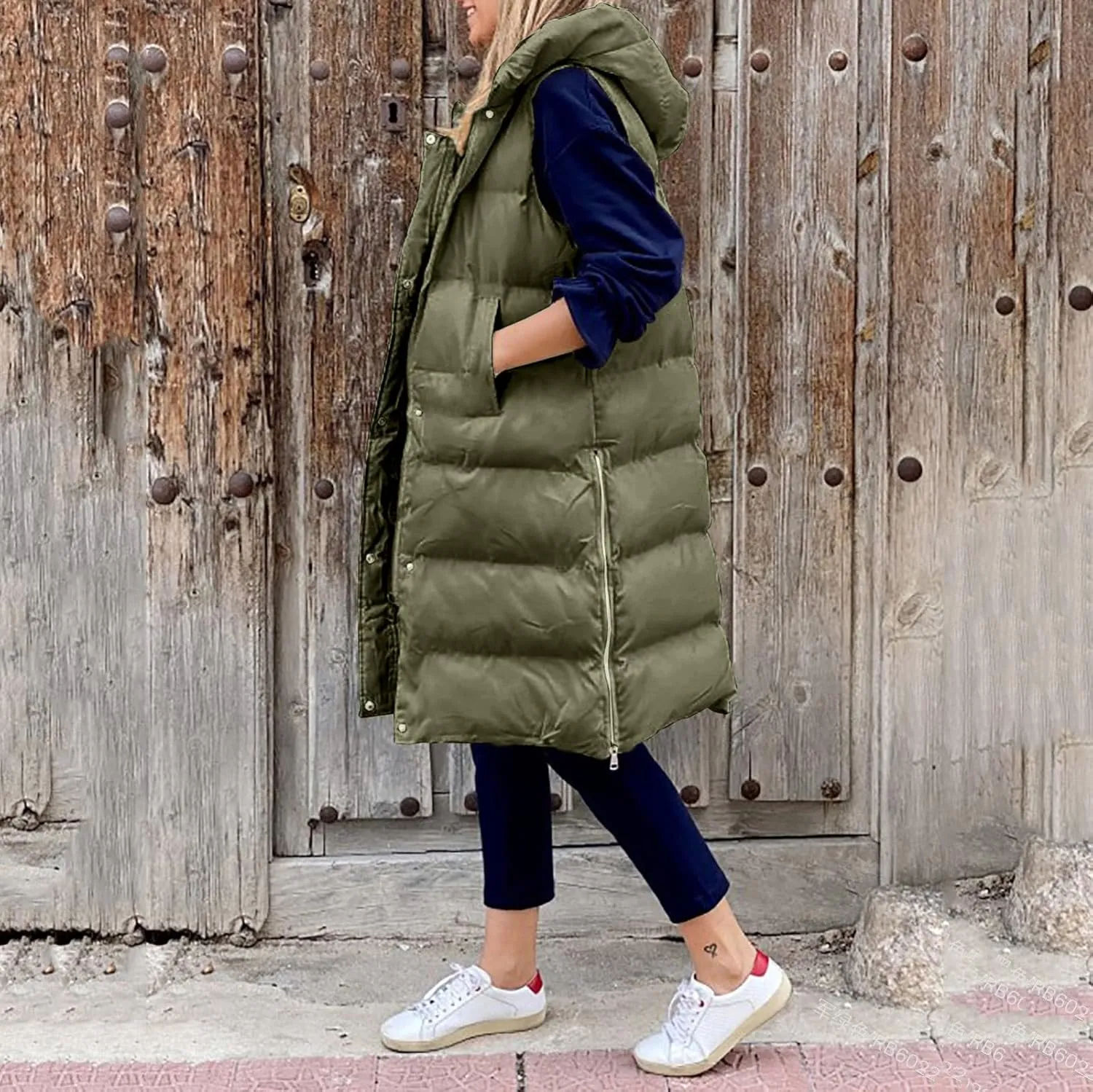 Womens Casual Solid Versatile Puffer Jacket Oversized Full Zip Sleeveless Hooded Down Coat 2024 Winter Warm Long Coats