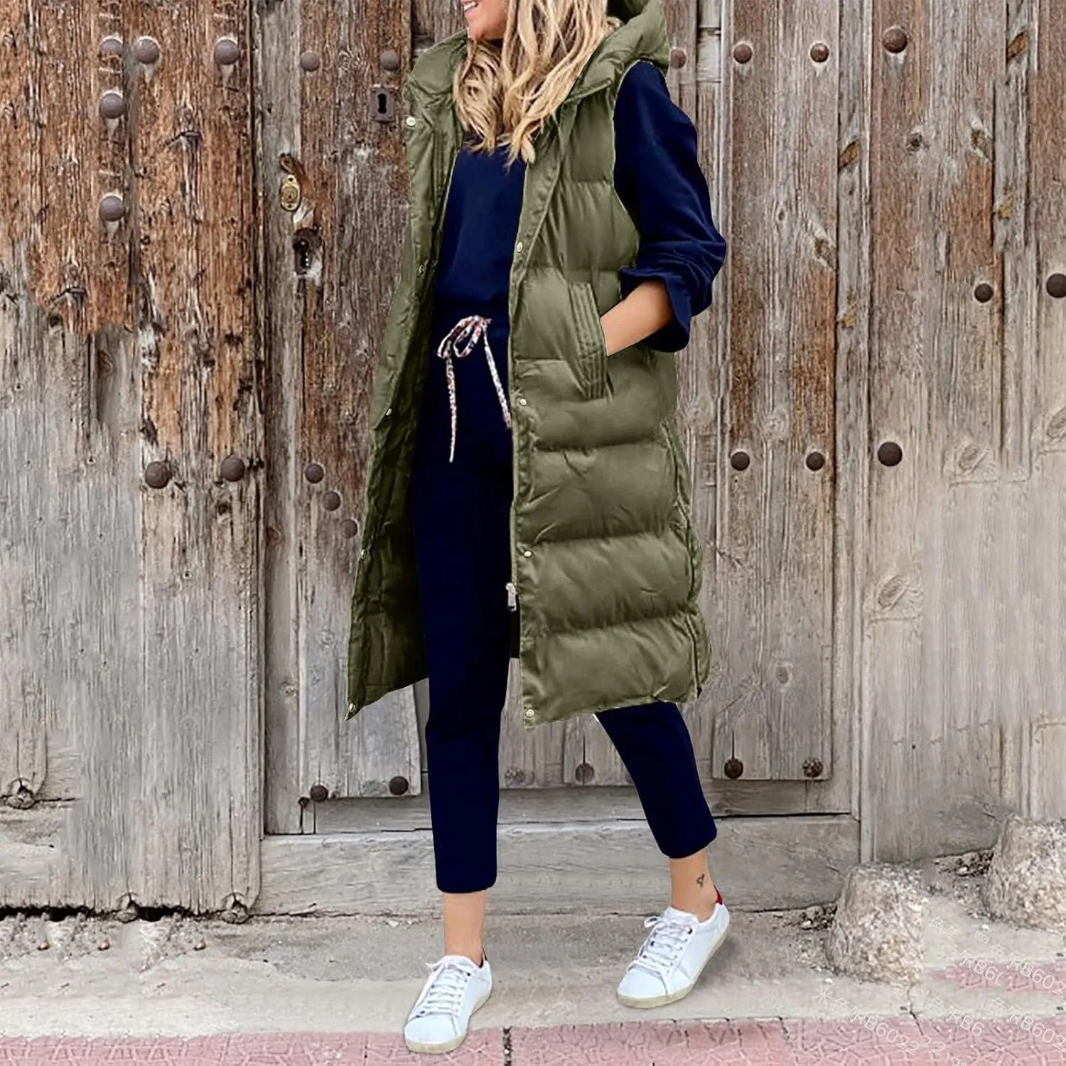 Womens Casual Solid Versatile Puffer Jacket Oversized Full Zip Sleeveless Hooded Down Coat 2024 Winter Warm Long Coats