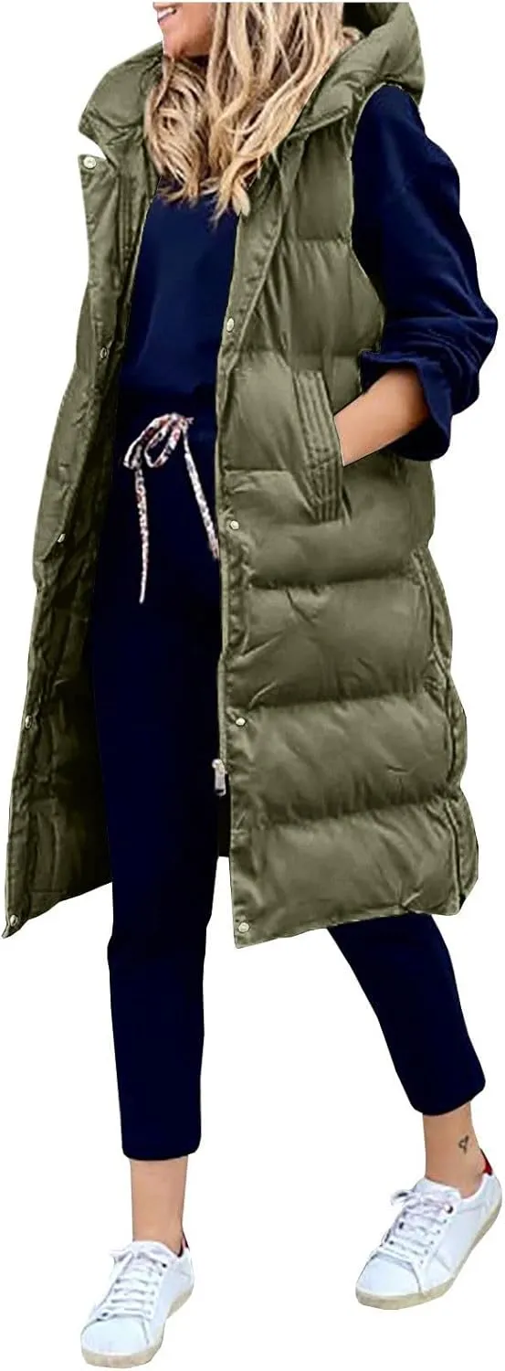 Womens Casual Solid Versatile Puffer Jacket Oversized Full Zip Sleeveless Hooded Down Coat 2024 Winter Warm Long Coats