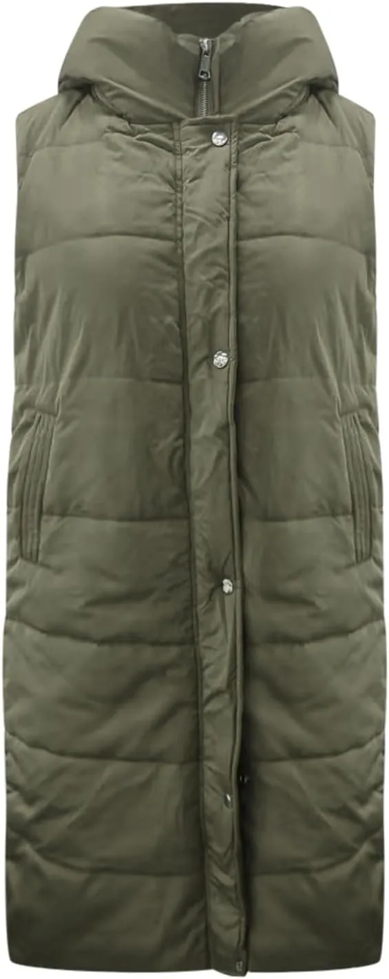 Womens Casual Solid Versatile Puffer Jacket Oversized Full Zip Sleeveless Hooded Down Coat 2024 Winter Warm Long Coats