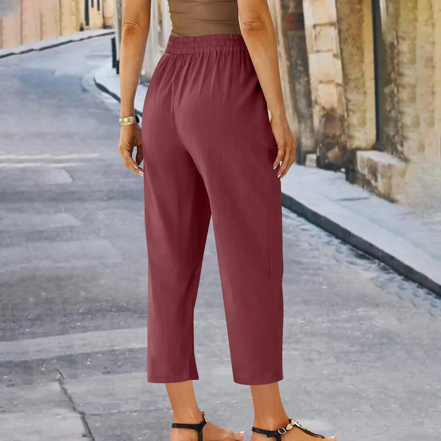 Womens Cotton Linen Pants Plus Size Drawastring Elastic Waisted Straight Leg Pockets Solid Loose Versatile Trousers