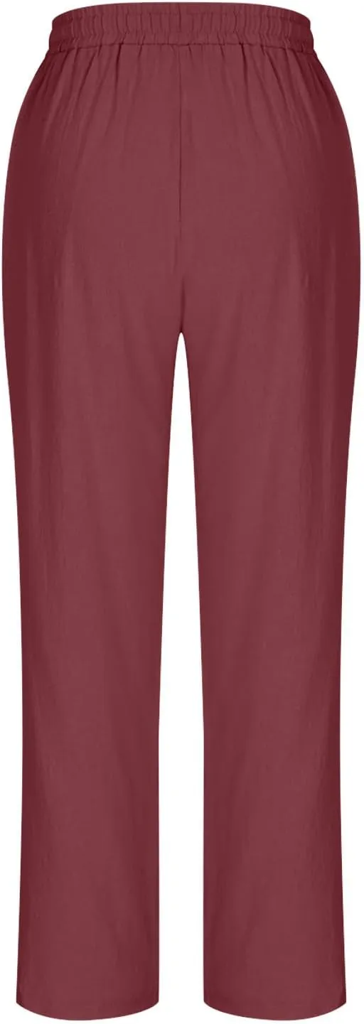 Womens Cotton Linen Pants Plus Size Drawastring Elastic Waisted Straight Leg Pockets Solid Loose Versatile Trousers