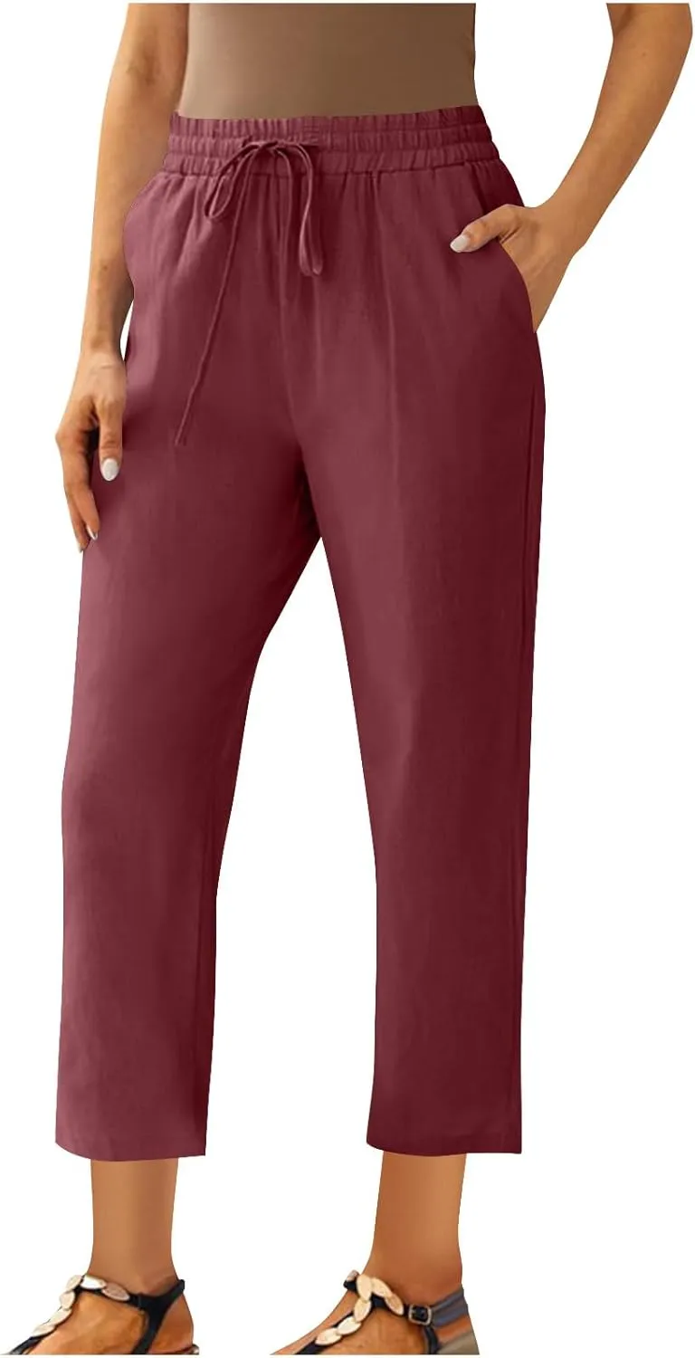 Womens Cotton Linen Pants Plus Size Drawastring Elastic Waisted Straight Leg Pockets Solid Loose Versatile Trousers
