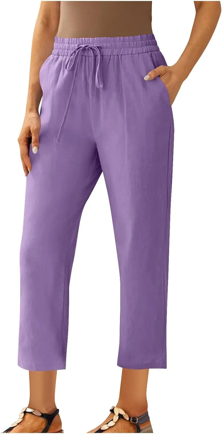 Womens Cotton Linen Pants Plus Size Drawastring Elastic Waisted Straight Leg Pockets Solid Loose Versatile Trousers
