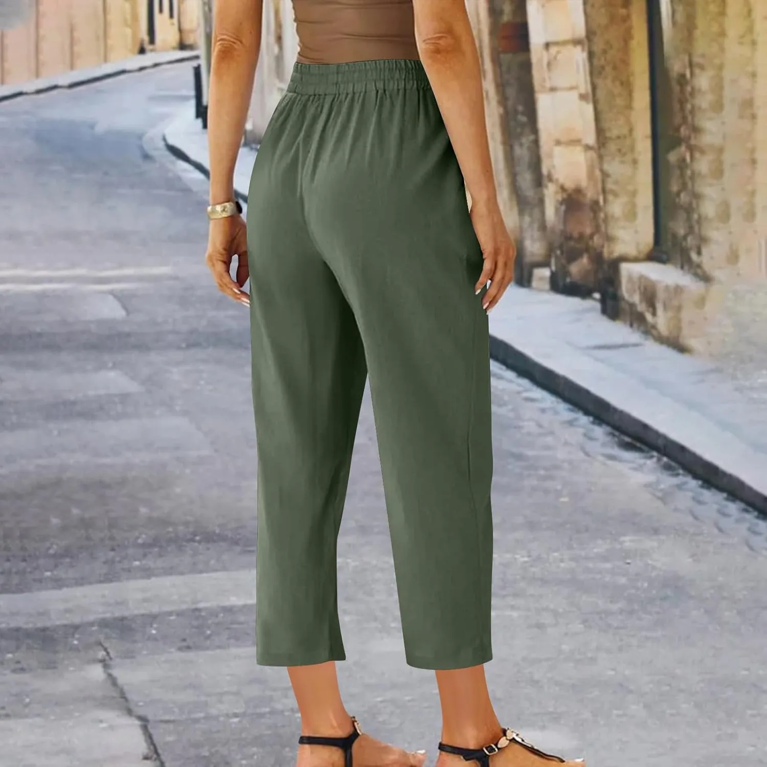 Womens Cotton Linen Pants Plus Size Drawastring Elastic Waisted Straight Leg Pockets Solid Loose Versatile Trousers