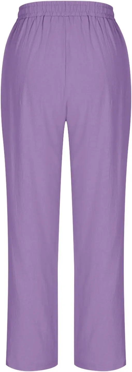 Womens Cotton Linen Pants Plus Size Drawastring Elastic Waisted Straight Leg Pockets Solid Loose Versatile Trousers