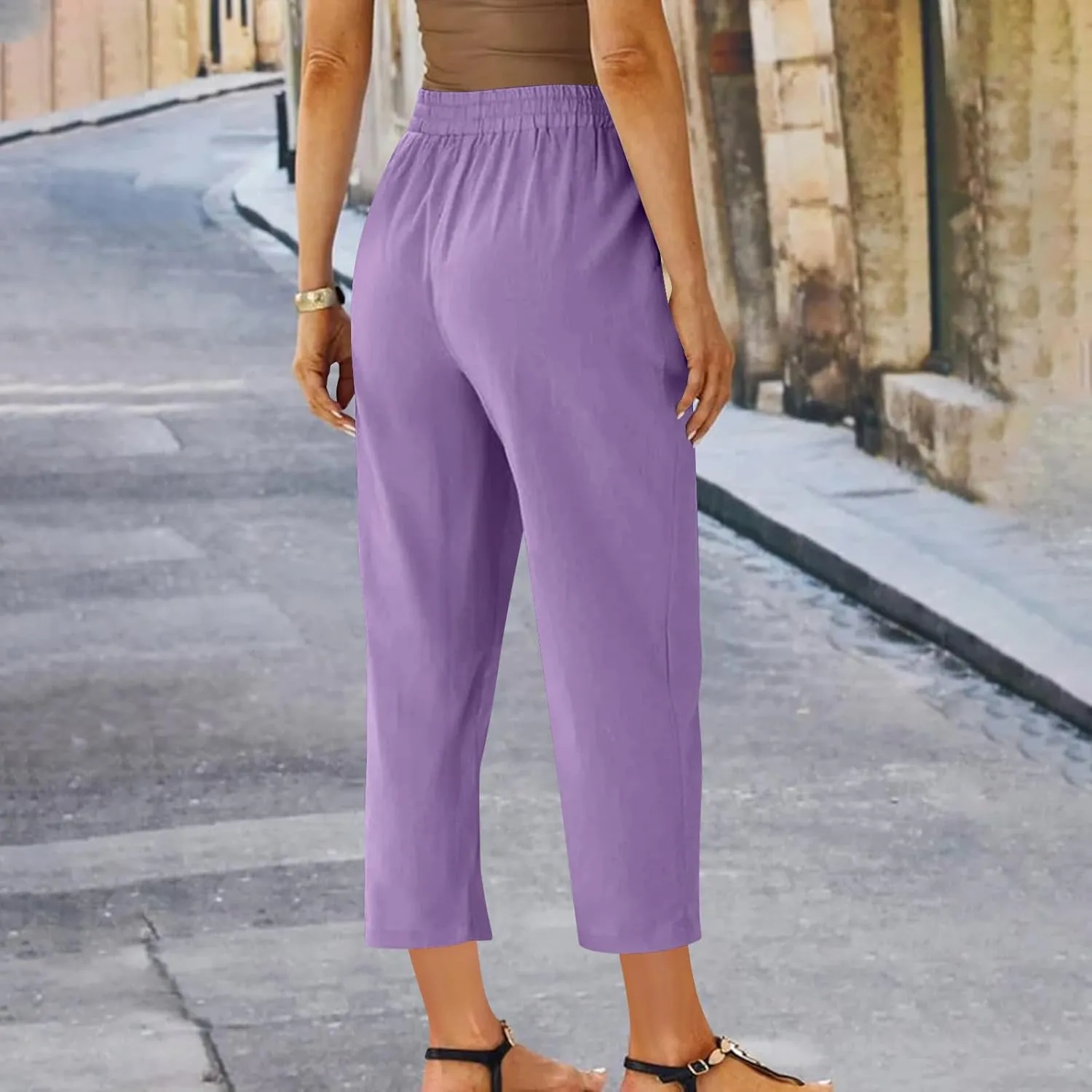 Womens Cotton Linen Pants Plus Size Drawastring Elastic Waisted Straight Leg Pockets Solid Loose Versatile Trousers
