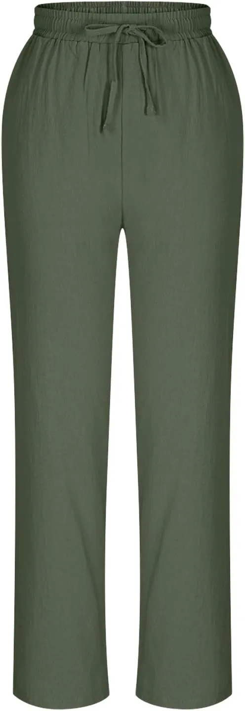 Womens Cotton Linen Pants Plus Size Drawastring Elastic Waisted Straight Leg Pockets Solid Loose Versatile Trousers