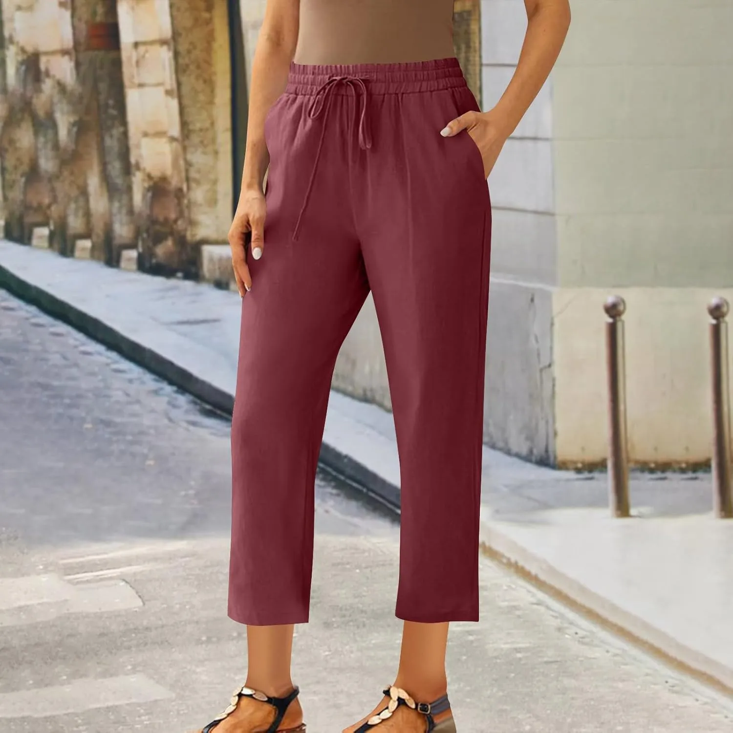 Womens Cotton Linen Pants Plus Size Drawastring Elastic Waisted Straight Leg Pockets Solid Loose Versatile Trousers