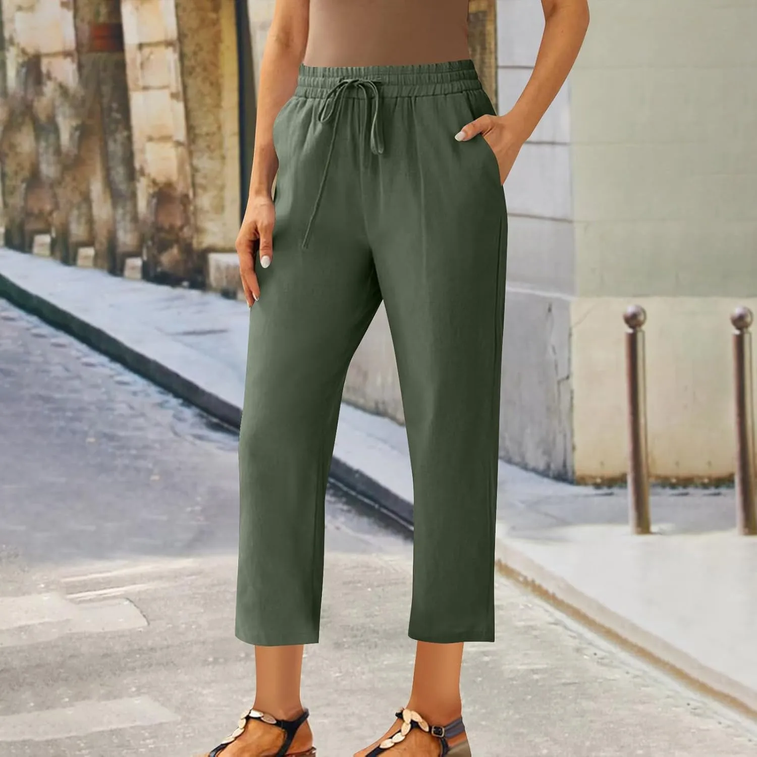 Womens Cotton Linen Pants Plus Size Drawastring Elastic Waisted Straight Leg Pockets Solid Loose Versatile Trousers