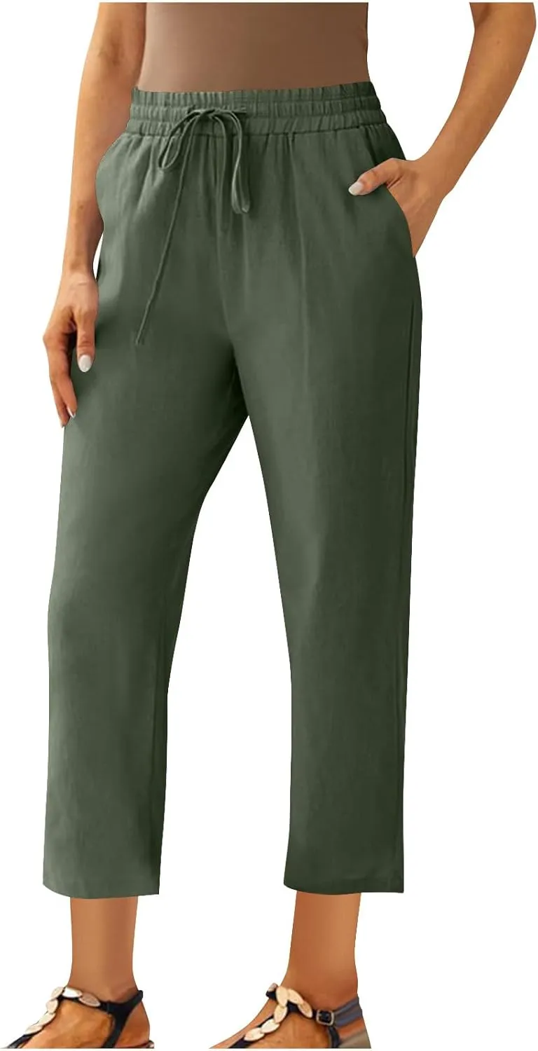 Womens Cotton Linen Pants Plus Size Drawastring Elastic Waisted Straight Leg Pockets Solid Loose Versatile Trousers
