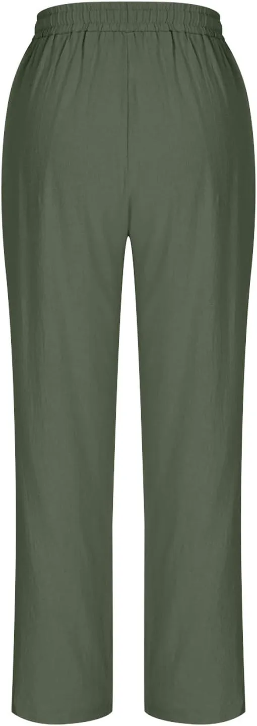 Womens Cotton Linen Pants Plus Size Drawastring Elastic Waisted Straight Leg Pockets Solid Loose Versatile Trousers