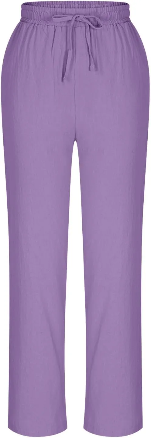 Womens Cotton Linen Pants Plus Size Drawastring Elastic Waisted Straight Leg Pockets Solid Loose Versatile Trousers