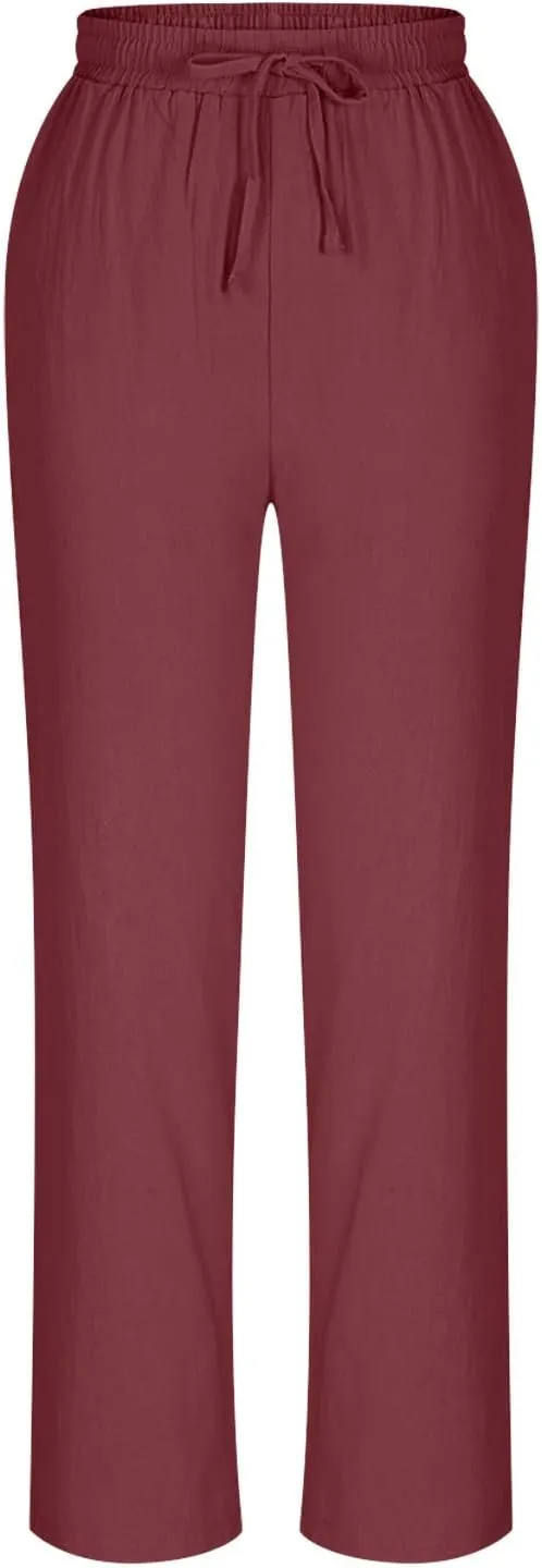 Womens Cotton Linen Pants Plus Size Drawastring Elastic Waisted Straight Leg Pockets Solid Loose Versatile Trousers
