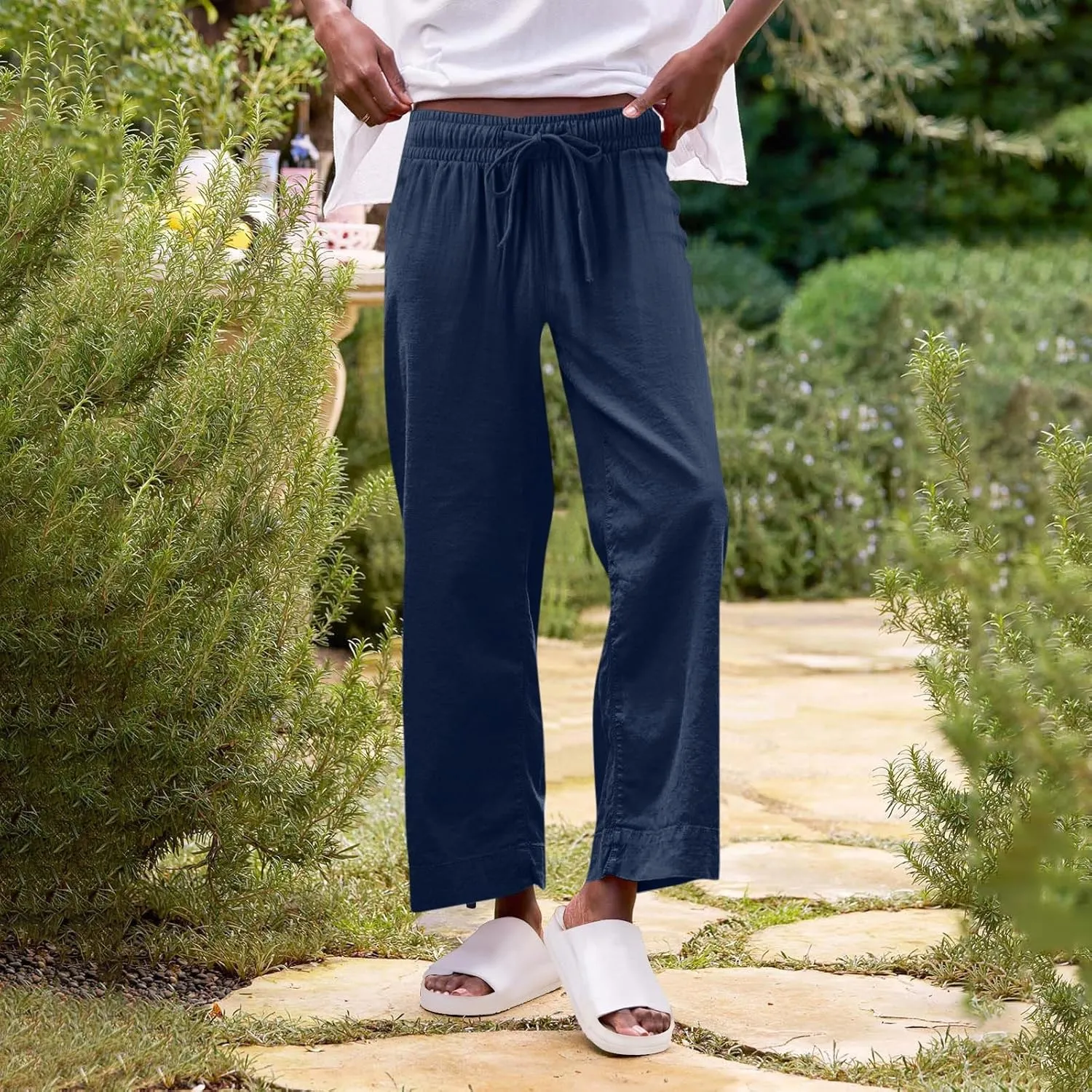 Womens Cotton Linen Pants Versatile Straight Leg Drawstring Strentch Waisted Solid Outdoor Trousers with Pockets