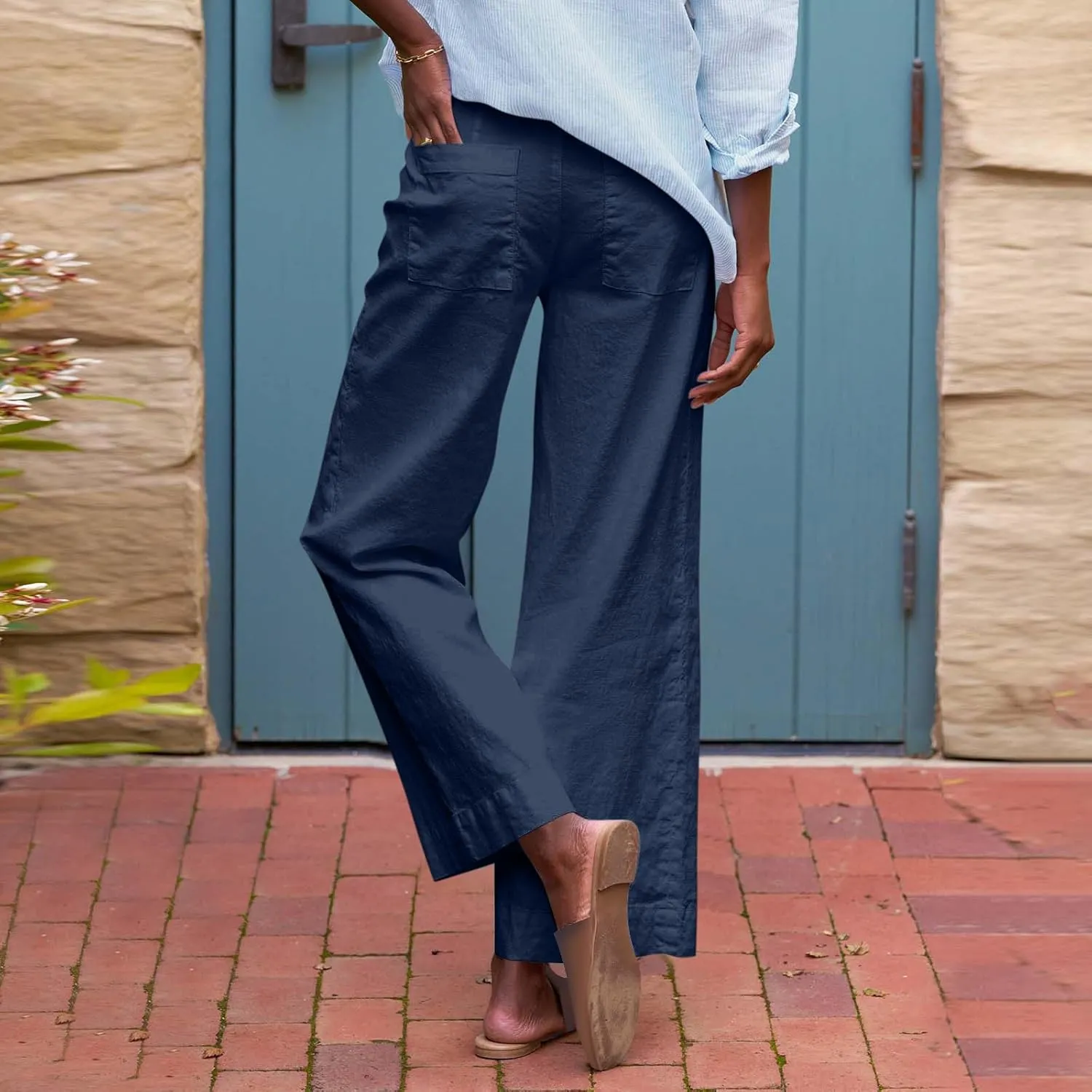 Womens Cotton Linen Pants Versatile Straight Leg Drawstring Strentch Waisted Solid Outdoor Trousers with Pockets
