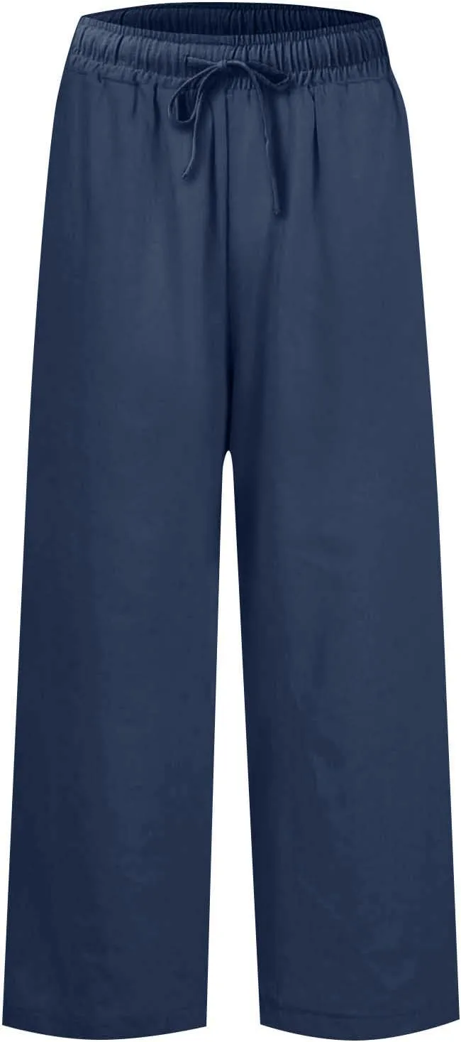 Womens Cotton Linen Pants Versatile Straight Leg Drawstring Strentch Waisted Solid Outdoor Trousers with Pockets