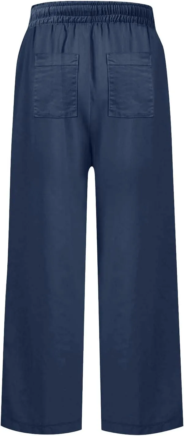 Womens Cotton Linen Pants Versatile Straight Leg Drawstring Strentch Waisted Solid Outdoor Trousers with Pockets