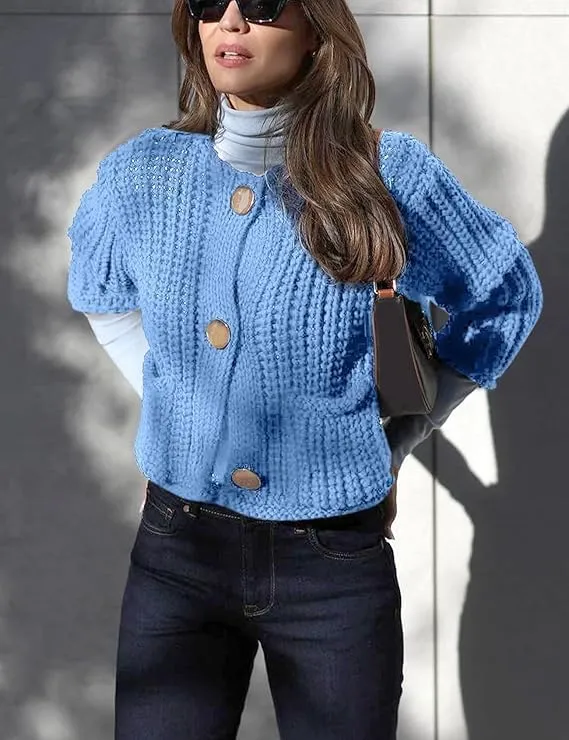 Womens Cropped Cardigan Sweaters Chunky Long Sleeve Open Front Button Cable Knit Sweater Crochet Cardigan Outerwear