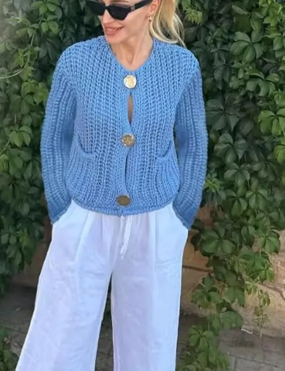 Womens Cropped Cardigan Sweaters Chunky Long Sleeve Open Front Button Cable Knit Sweater Crochet Cardigan Outerwear