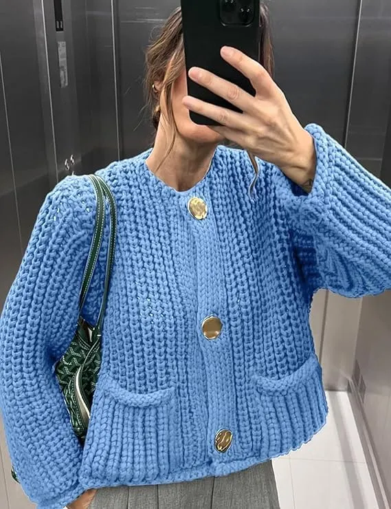 Womens Cropped Cardigan Sweaters Chunky Long Sleeve Open Front Button Cable Knit Sweater Crochet Cardigan Outerwear