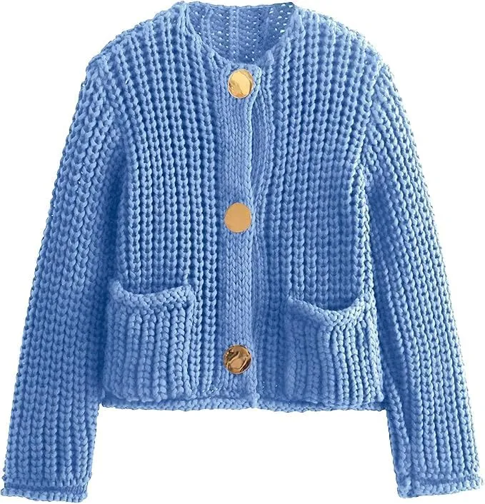 Womens Cropped Cardigan Sweaters Chunky Long Sleeve Open Front Button Cable Knit Sweater Crochet Cardigan Outerwear