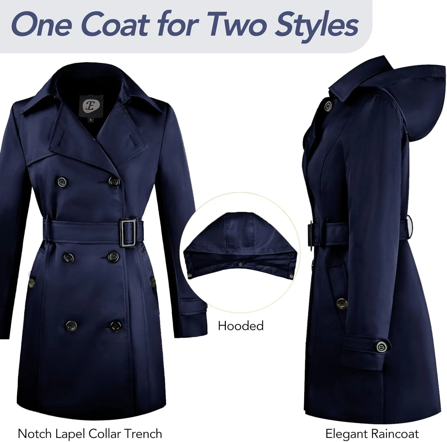 Women's Double-Breasted Trench Coat,Classic Windbreaker with Removable Hood, Belted Lapel Overcoat
