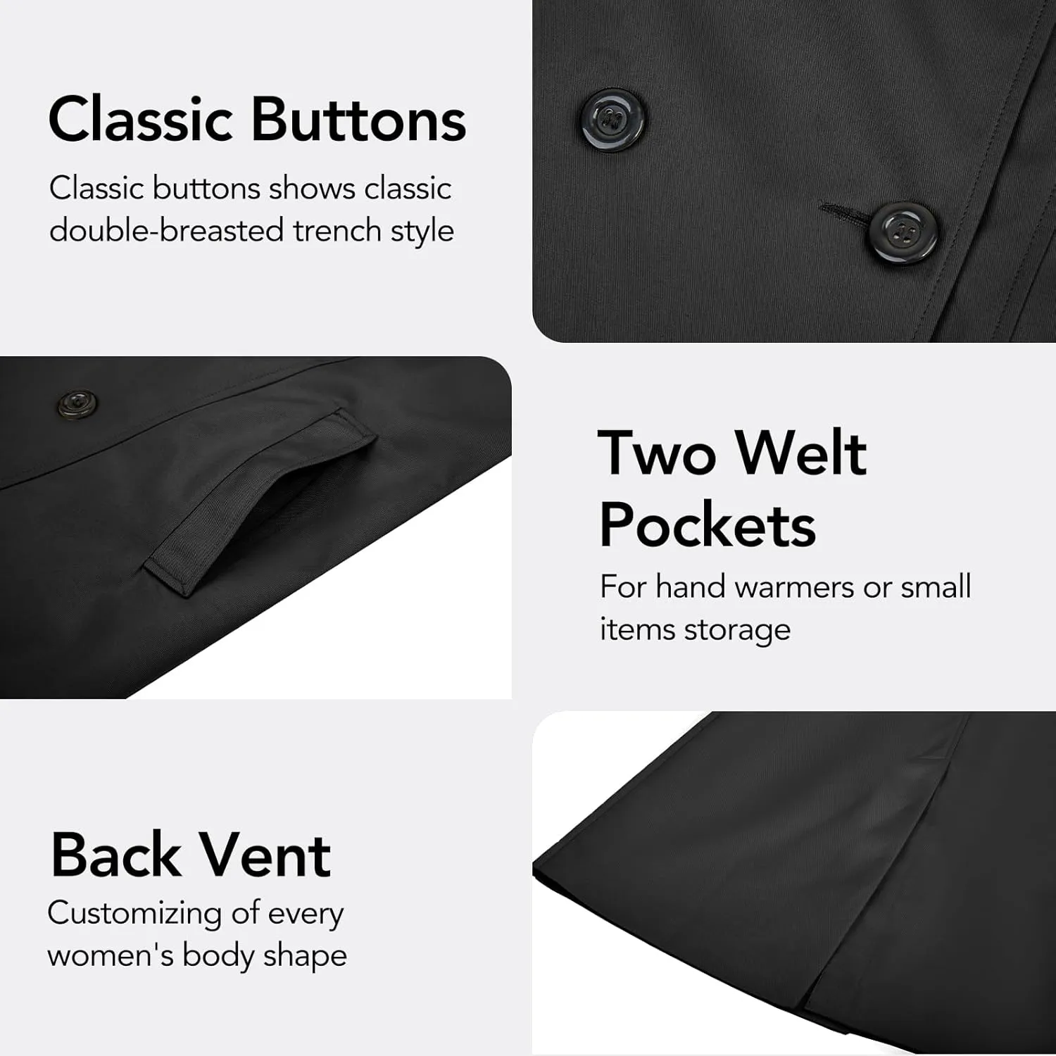 Women's Double-Breasted Trench Coat,Classic Windbreaker with Removable Hood, Belted Lapel Overcoat